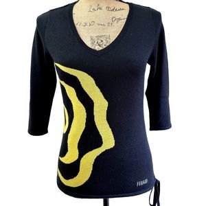 NWOT FERAUD Women's Black Sweater w/Yellow Flower Silk/Cashmere Blend SZ S